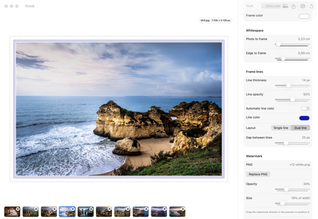 FrmIt on macOS showing a framed photograph, watermark tools, and a photo carousel